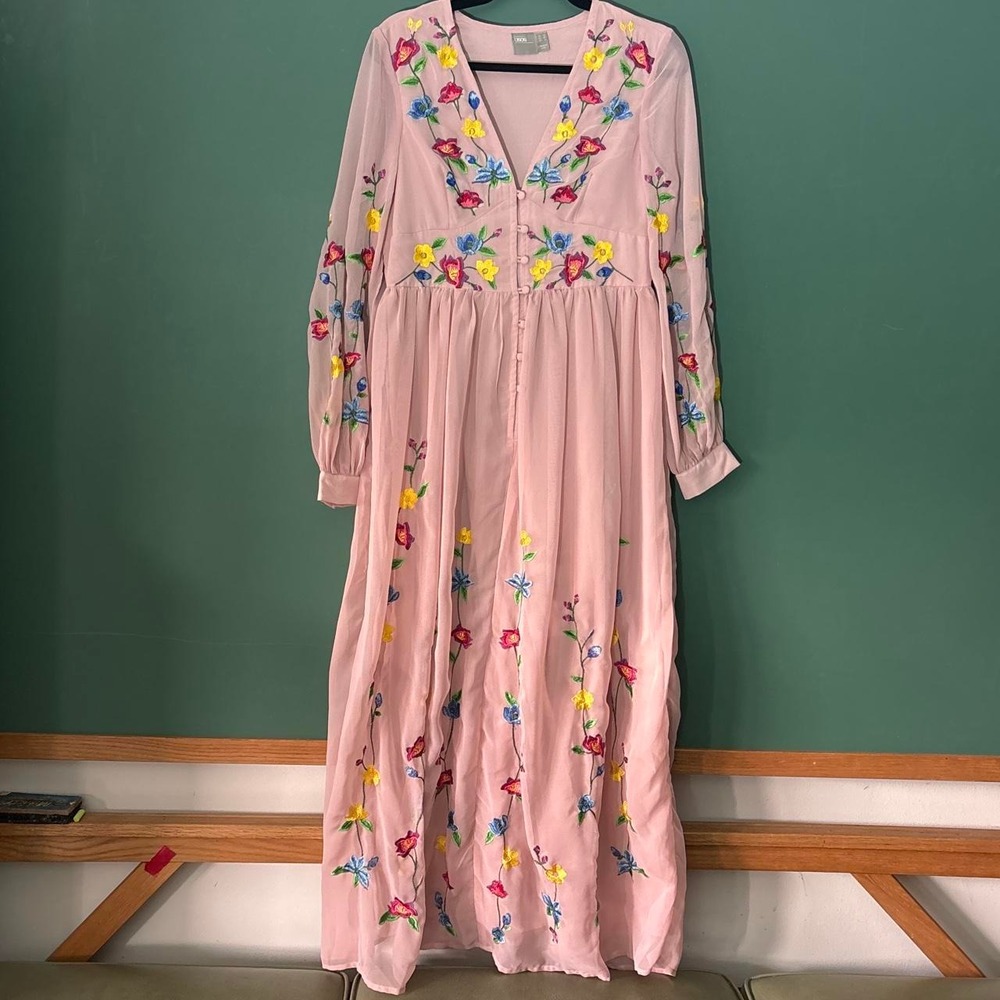 ASOS Pink Floral Embroidered Button Up Maxi Dress Boho Long Sleeve Size 6